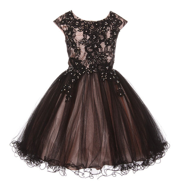 Little Girls Blush Black Rhinestone Embroidered Lace Flower Girl Dress 4-6 - SophiasStyle.com